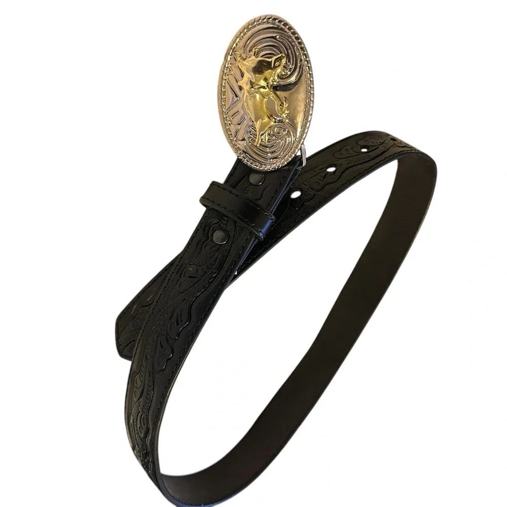 Nocona Black Embossed Belt with Silver/Gold Buckle